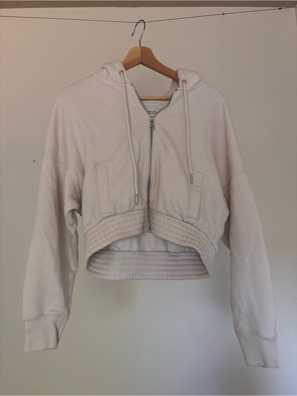 Abercrombie & Fitch Cropped Zip-Up Hoodie Jacket in Light Cream